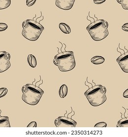 Hand drawn hot coffee cup and coffee beans seamless pattern. Steaming coffee cups Vector vintage hand drawing style repeatable background. Can be used for cafe interior designs menu design or any else