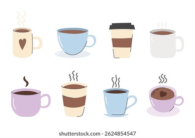 Hand drawn hot coffee or tea cups, vector eps10 illustration