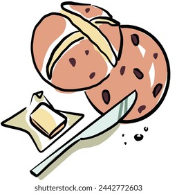 Hand drawn, hot cross bun vector illustration