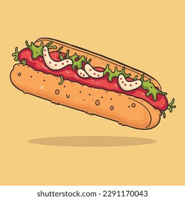 Hand Drawn Hot dog, colorful  fast food vector illustration 