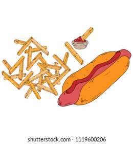 Hand drawn hot dog and french fries. Vector illustration of a fried potato with hot dog. Junk food, fast food concept.