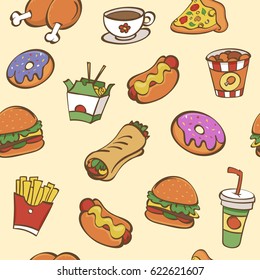Hand drawn hot dog, hamburger, pizza slice, chicken,fries, coffee, 
roll, cola - colorful pattern background. Fast food seamless vector pattern.