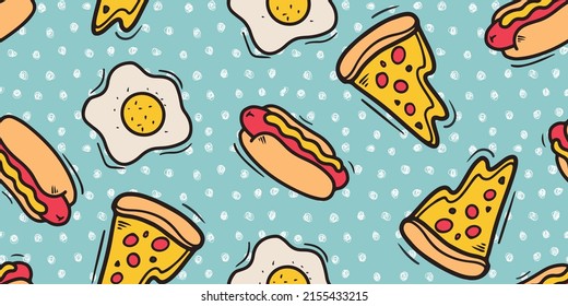 Perro caliente dibujado a mano, pizza, huevo frito - fondo de patrón colorido. Perro caliente y soleado patrón sin fisuras usando el dibujo de doodle colorante en el fondo de los puntos de polka