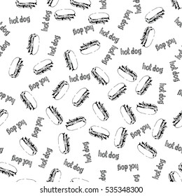 Hand drawn hot dog seamless pattern. Fast food continuous texture from sketchy hotdogs, plastic bottles and text labels randomly placed on white. Easy editable eps8 vector illustration.