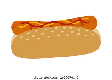 Hand Drawn Hot dog Sesame bun and Grilled Sausage with Mustard and Ketchup Fast Food promo design