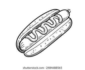 Hand drawn hot dog sketch with sausage and sauce vector illustration isolated on white background