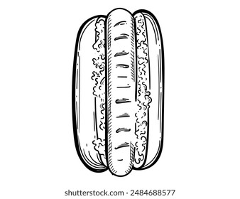 Hand drawn hot dog sketch with sausage and sauce vector illustration isolated on white background
