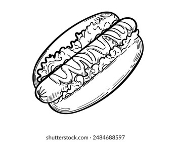 Hand drawn hot dog sketch with sausage and sauce vector illustration isolated on white background