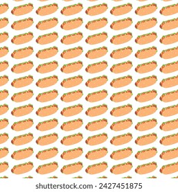 Hand drawn hot dog template in flat style. Seamless template with fresh street food hot fog. Flat vector illustration for wrapping and packaging purposes