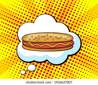 Hand Drawn Hot Dog. Vector Fast Food Sketch. Comic Book Style, Pop Art Retro Vector Illustration