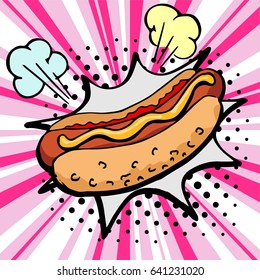Hand drawn Hot dog. Vector Fast Food sketch. Comic book style, pop art retro vector illustration.