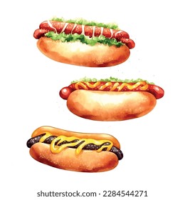 Hand Drawn Hot Dog, Watercolor Sketch,Vector Illustration For Food Design.