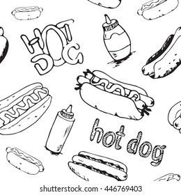 Hand drawn hot dogs seamless pattern. Fast food background. Seamless texture from sketches of hotdogs with sauce, mayonnaise and vegetables. EPS8 vector illustration.