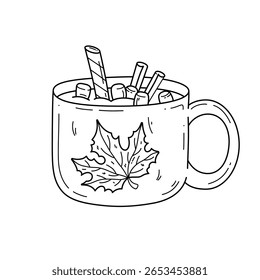 Hand drawn hot drink mug with maple leaf decor, cinnamon and marshmallow. Doodle outline illustration. Autumn vector illustration isolated on white background