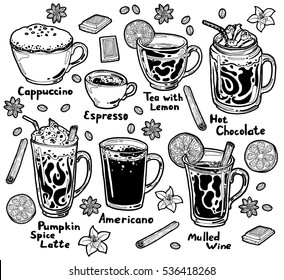 Hand drawn hot drinks. Americano, espresso, cappuccino, latte, hot chocolate, mulled wine, tea, vanilla flower, chocolate, coffee beans, cinnamon, lemon, anise. Isolated illustration with inscription