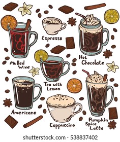 Hand drawn hot drinks. Americano, espresso, cappuccino, latte, hot chocolate, mulled wine, tea, vanilla flower, chocolate, coffee beans, cinnamon, lemon, anise. Isolated illustration with inscription