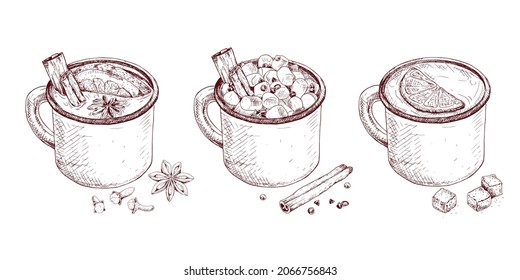 Hand drawn hot drinks. Cup of mulled wine, cup of cocoa drink with marshmallows, cup of tea with lemon. Vector illustration isolated on white background.