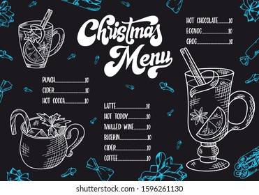 Hand drawn hot drinks. Menu Christmas design. Template with brushlettering. Winter sketch style. Vector illustration.
