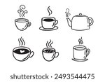 Hand drawn hot drinks set. Doodle coffee cups white background. Coffee, tea, cappuccino, espresso, latte, americano, hot chocolate. Vector illustration