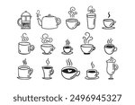 Hand drawn hot drinks set. Doodle coffee cups white background. Coffee, tea, cappuccino, espresso, latte, americano, hot chocolate. Vector illustration