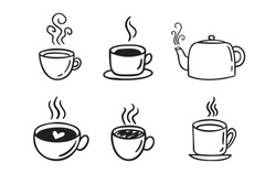 Hand drawn hot drinks set. Doodle coffee cups white background. Coffee, tea, cappuccino, espresso, latte, americano, hot chocolate. Vector illustration