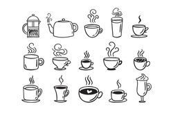 Hand drawn hot drinks set. Doodle coffee cups white background. Coffee, tea, cappuccino, espresso, latte, americano, hot chocolate. Vector illustration