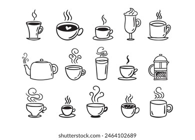 Hand drawn hot drinks set. Doodle coffee cups white background. Coffee, tea, cappuccino, espresso, latte, americano, hot chocolate. Vector illustration