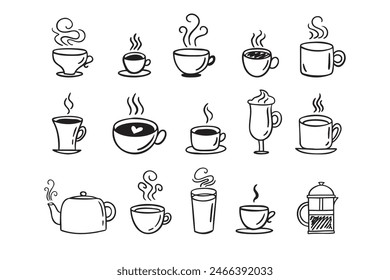 Set de bebidas calientes dibujadas a mano. Tazas de café Doodle fondo blanco. Café, té, capuchino, espresso, latte, americano, chocolate caliente. Ilustración vectorial