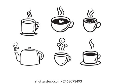 Handgezeichnetes Heißgetränkeset. Doodle Kaffeetassen weißer Hintergrund. Kaffee, Tee, Cappuccino, Espresso, Latte, Americano, heiße Schokolade. Vektorillustration