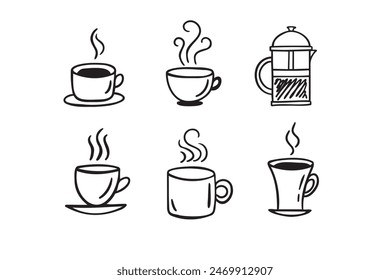 Set de bebidas calientes dibujadas a mano. Tazas de café Doodle fondo blanco. Café, té, capuchino, espresso, latte, americano, chocolate caliente. Ilustración vectorial