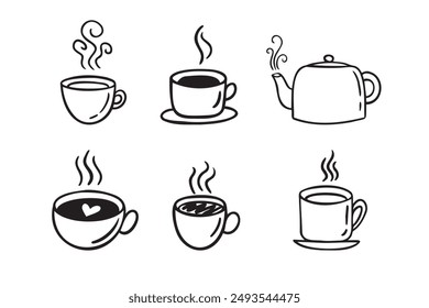 Hand drawn hot drinks set. Doodle coffee cups white background. Coffee, tea, cappuccino, espresso, latte, americano, hot chocolate. Vector illustration