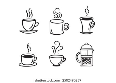 Hand drawn hot drinks set. Doodle coffee cups white background. Coffee, tea, cappuccino, espresso, latte, americano, hot chocolate. Vector illustration