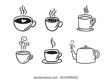 Hand drawn hot drinks set. Doodle coffee cups white background. Coffee, tea, cappuccino, espresso, latte, americano, hot chocolate. Vector illustration