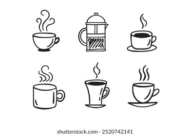 Hand drawn hot drinks set. Doodle coffee cups white background. Coffee, tea, cappuccino, espresso, latte, americano, hot chocolate. Vector illustration