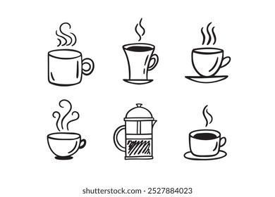 Hand drawn hot drinks set. Doodle coffee cups white background. Coffee, tea, cappuccino, espresso, latte, americano, hot chocolate. Vector illustration