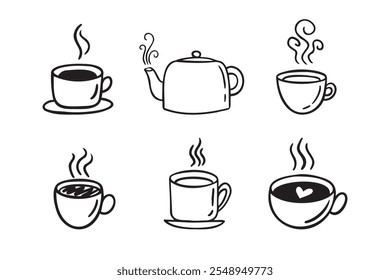 Conjunto de bebidas calientes dibujadas a mano. Doodle tazas de café de fondo blanco. Café, té, capuchino, espresso, café con leche, americano, chocolate caliente. Ilustración vectorial