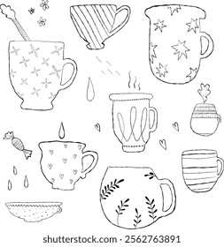 Hand drawn hot drinks set. Doodle coffee cups white background. Coffee, tea, cappuccino, espresso, latte, americano, hot chocolate. Vector illustration