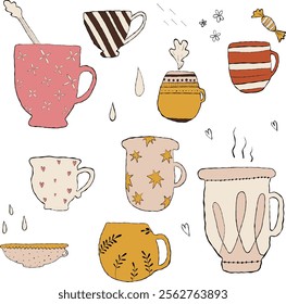 Hand drawn hot drinks set. Doodle coffee cups white background. Coffee, tea, cappuccino, espresso, latte, americano, hot chocolate. Vector illustration