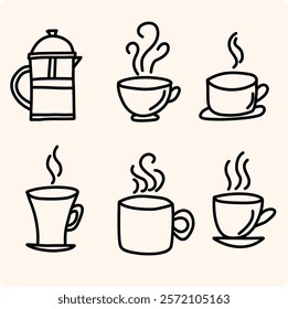 Hand drawn hot drinks set. Doodle coffee cups cream background.