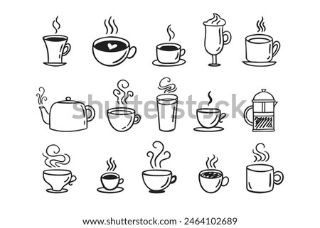 Hand drawn hot drinks set. Doodle coffee cups white background. Coffee, tea, cappuccino, espresso, latte, americano, hot chocolate. Vector illustration