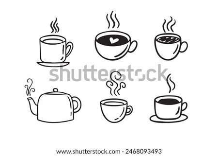 Hand drawn hot drinks set. Doodle coffee cups white background. Coffee, tea, cappuccino, espresso, latte, americano, hot chocolate. Vector illustration
