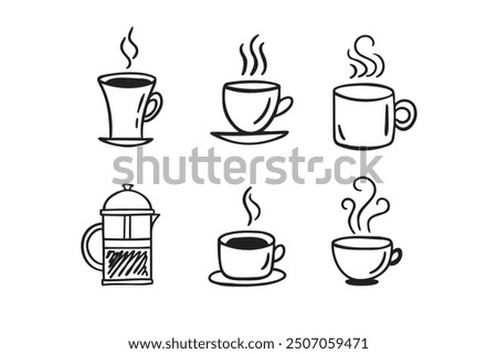 Hand drawn hot drinks set. Doodle coffee cups white background. Coffee, tea, cappuccino, espresso, latte, americano, hot chocolate. Vector illustration