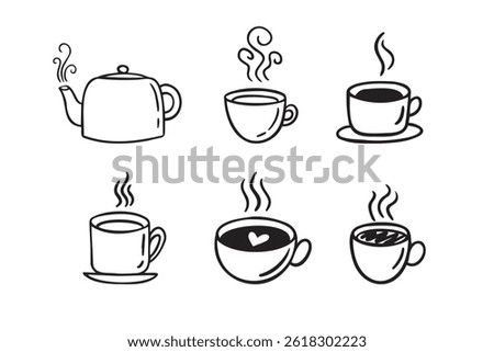 Hand drawn hot drinks set. Doodle coffee cups white background. Coffee, tea, cappuccino, espresso, latte, americano, hot chocolate. Vector illustration