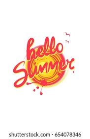Handgezeichneter heißer Druck mit hallo sommerlichen Buchstaben, Sonne und Seegras
