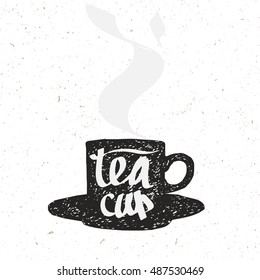 hand drawn hot tea cup silhouette, stylized sign