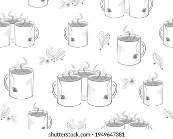 Hand drawn hot tea mugs and herbs seamless pattern. Vector tea mugs texture on white background. Can be used for Cafe, Restaurant, Drinks Bar Interior Design or for any other use.