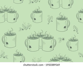 Hand drawn hot tea mugs and herbs seamless pattern. Vector tea mugs texture on green background. Can be used for Cafe, Restaurant, Drinks Bar Interior Design or for any other use Tea color Background.
