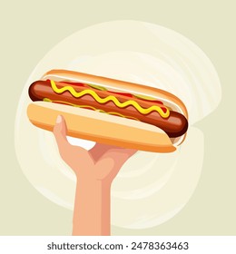 Dibujado a mano hotdog ilustración de icono de dibujos animados. Mano humana sosteniendo un perrito caliente. Cartel, Anuncio, tarjeta, fondo.