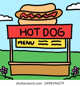 Hand drawn hotdog food stall for amusement park, theme park, street food, snack, circus, fast food business, cute patches, family trip, travel, vacation, holidays, weekend, park, outdoor, garden