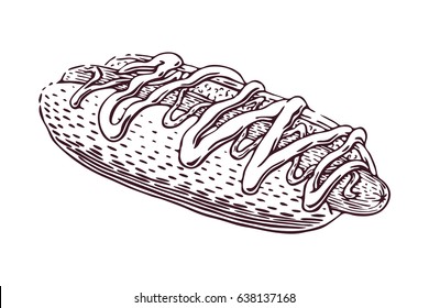 Hand drawn hotdog illustration in engraving style. Fresh fast food. Vintage vector black element isolated on white background.